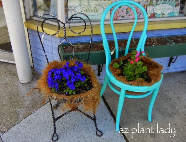 Old chairs transformed into planters in the historic downtown of Noblesville, Indiana