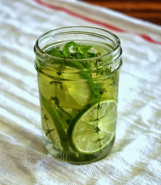 Lime, thyme, and mint in a ball jar