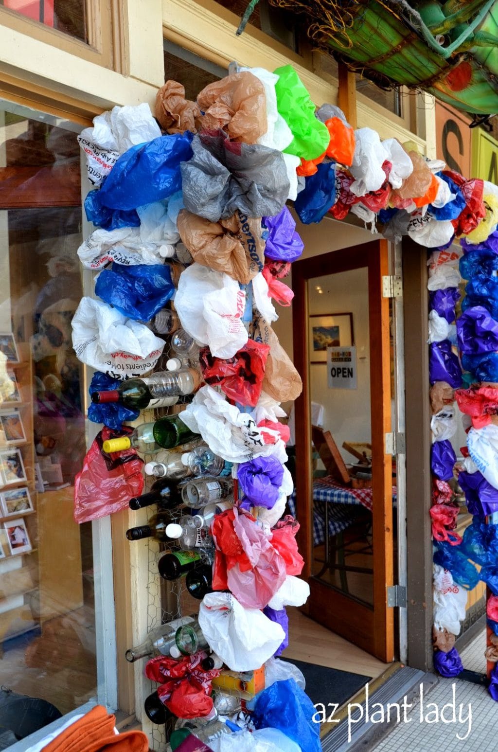 plastic shopping bags and recycled bottles