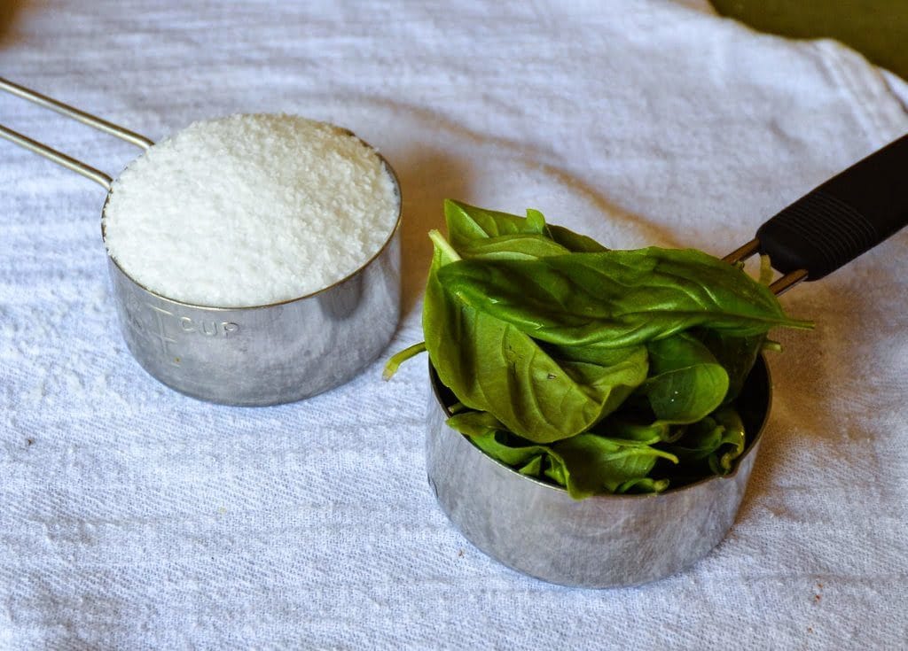 kosher salt and basil leaves