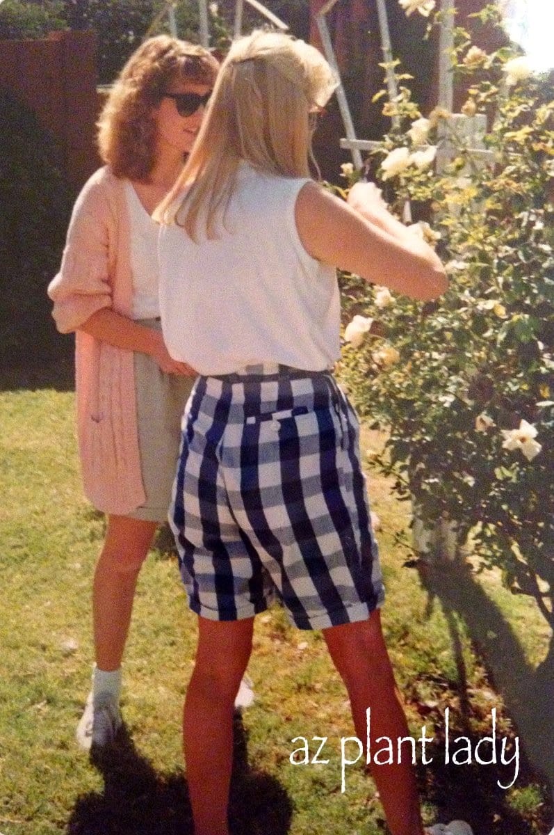 Showing my sister a few of my roses back in the 90's