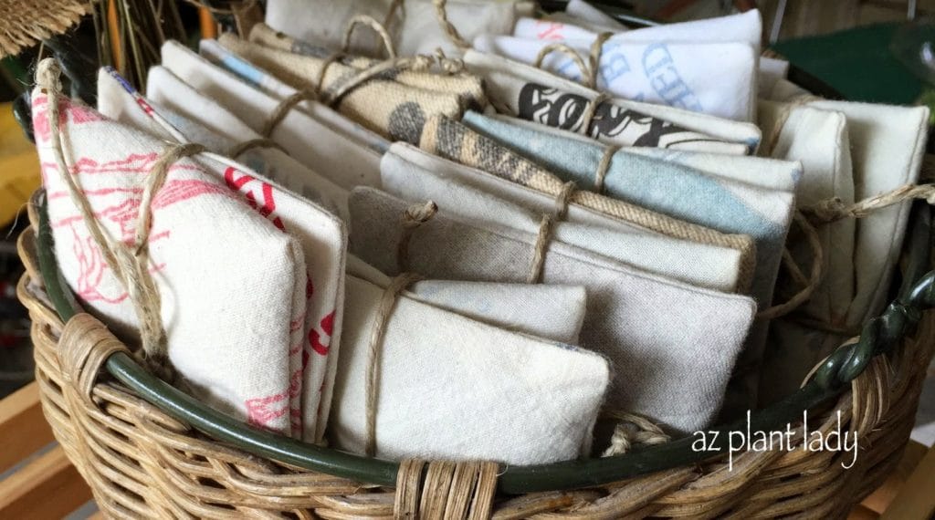 Lavender sachets made from antique seed bags
