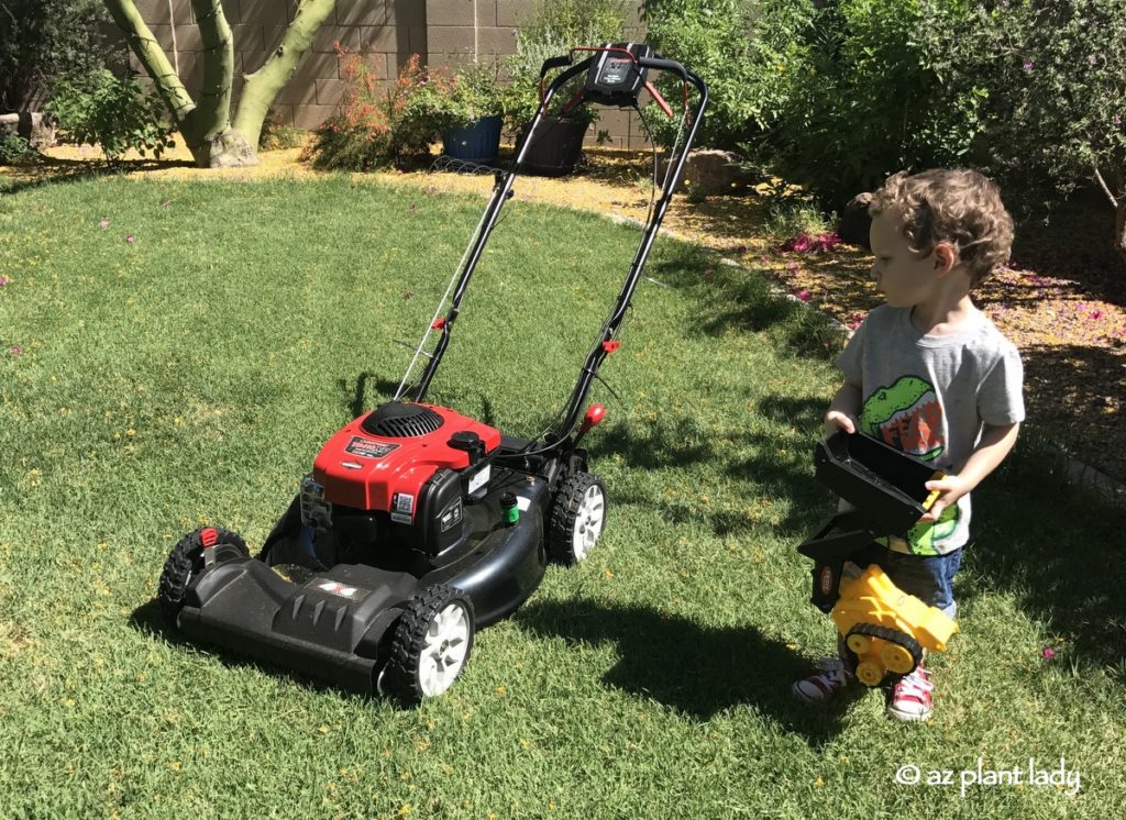 My grandson, Eric, wanted to trade his toy tractor for my new lawn mower.