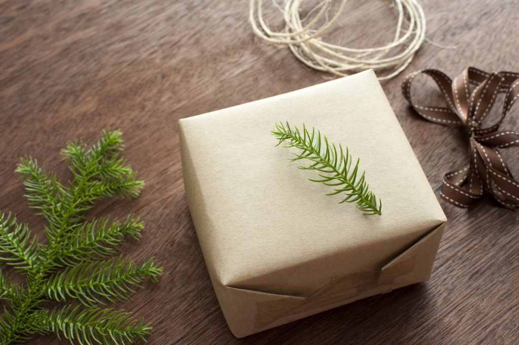 Wrapped gift with pine needles on the gift package