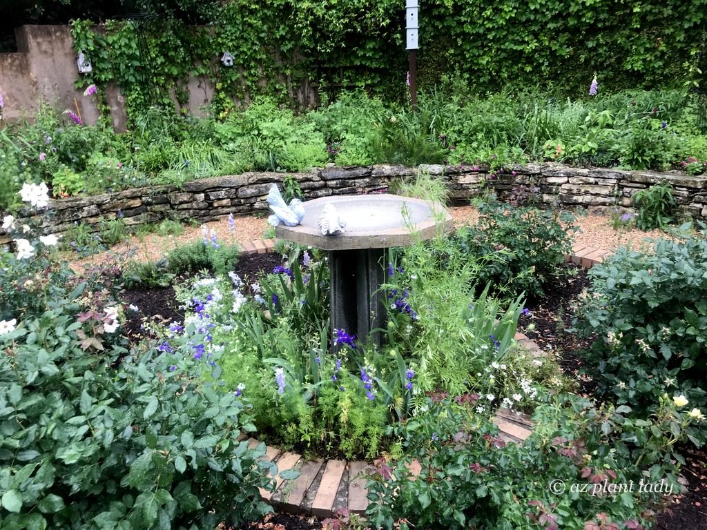 An English Garden in Texas with bird bath
