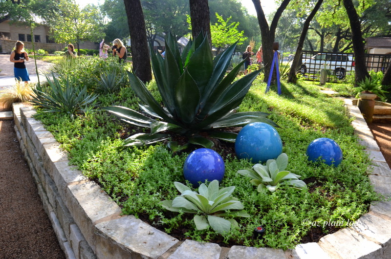 Blue balls and agave decorate the front lawn garden bed in this shady colorful garden  