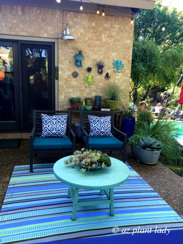 Color doesn't only from plants in Pam Penick's garden - she adds interest with vibrant hues using planters, cushions, and outdoor carpet.  Southwest garden style