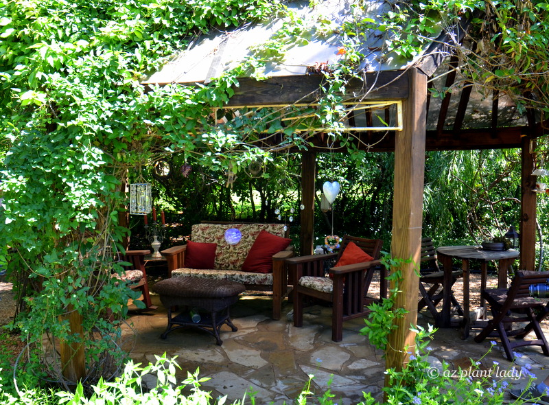  I fell in love with the gazebo in Colleen Jamison's backyard. Filled with comfortable furniture and even a chandelier, I hope to create something similar in my back garden someday.  Southwest garden style