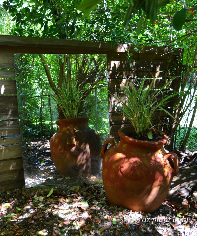 The simple inclusion of a mirror reflects the other side of the garden and creates the illusion of a larger outdoor space. This works well in shady areas.  Southwest garden style